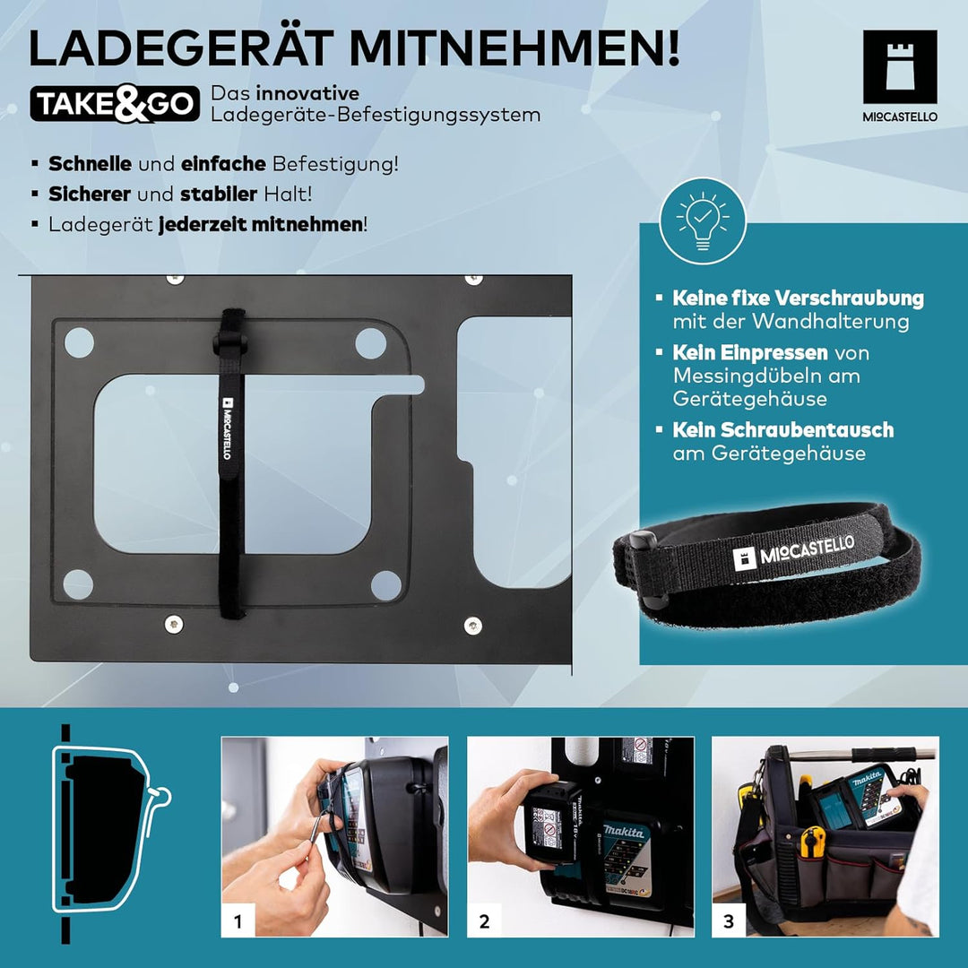 TAKE&amp;GO Wandhalterung für Makita Akkus und Ladegerät – mit cleverer Ladegerät-Befestigung für festen