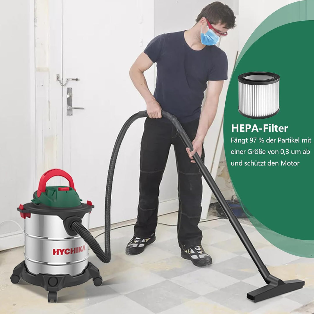 HYCHIKA Nass Trockensauger, 1200W Industriestaubsauger 20L Edelstahlbehälter, Nass- & Trockensauger