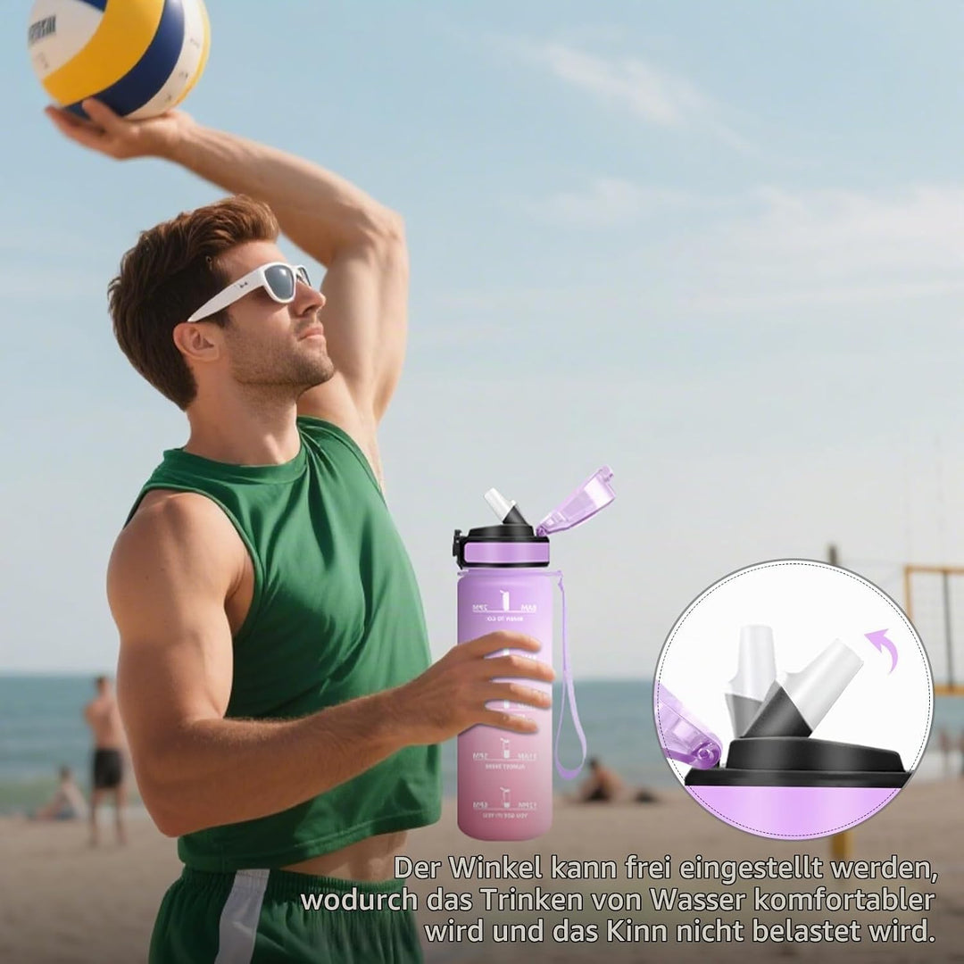 HoneyHolly Trinkflasche 1L mit Strohhalm, Trinkflasche Kohlensäure Geeignet, Wasserflasche Sport mit