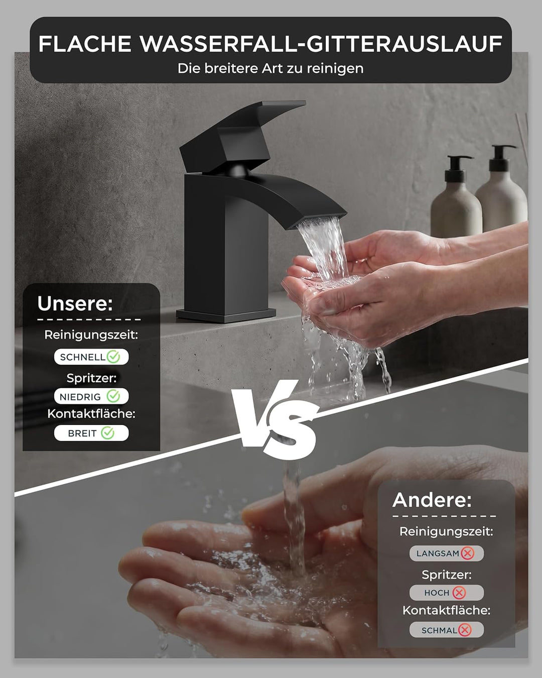 FORIOUS Wasserhahn Bad Schwarz mit Ablaufgarnitur, Wasserfall Waschtischarmatur mit Auslauf Höhe 60