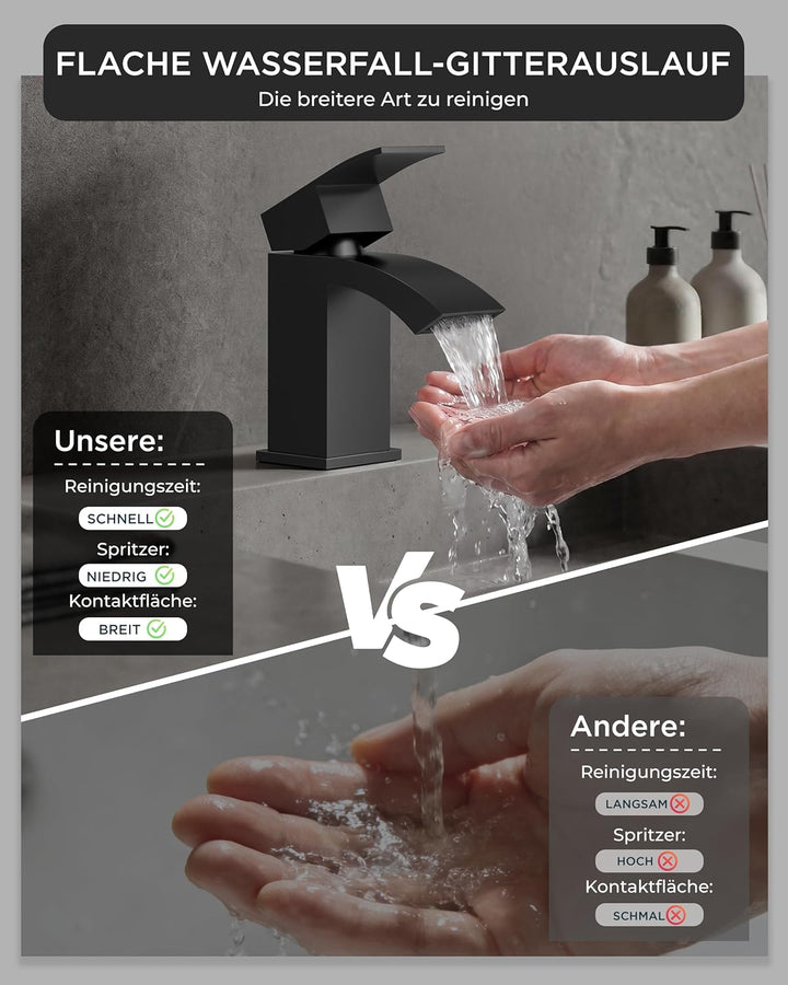 FORIOUS Wasserhahn Bad Schwarz mit Ablaufgarnitur, Wasserfall Waschtischarmatur mit Auslauf Höhe 60