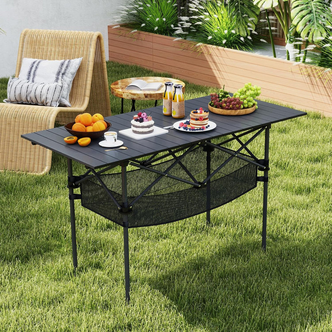 COSTWAY Campingtisch klappbar 119x55cm, Klapptisch mit aufrollbarer Aluminium-Tischplatte & Netzkorb
