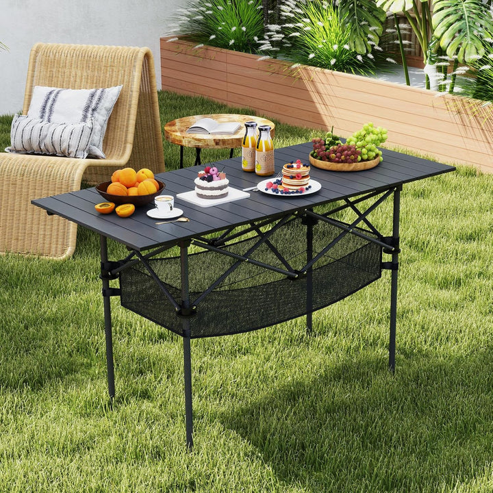 COSTWAY Campingtisch klappbar 119x55cm, Klapptisch mit aufrollbarer Aluminium-Tischplatte & Netzkorb