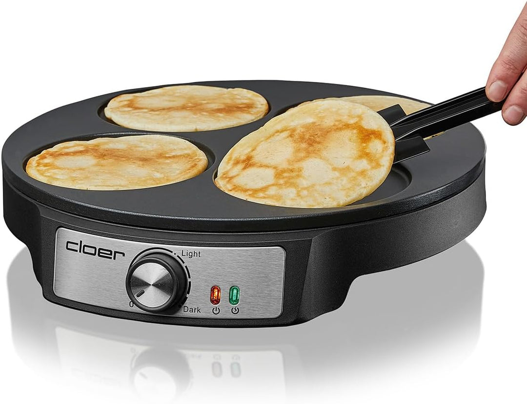 Cloer 6625 Pancake Maker, Mini Pancakes, für 4 kleine Pfannkuchen je 11 cm Ø, 1200 W, Antihaftbeschi