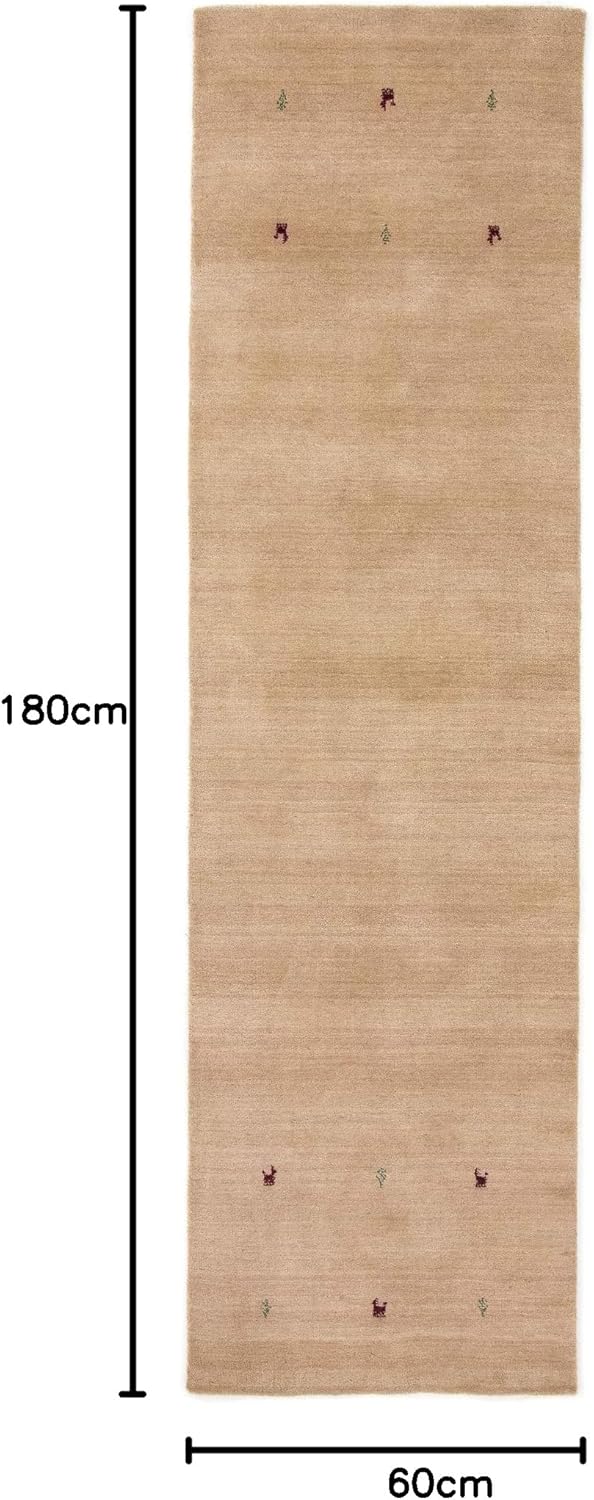 carpetfine Wollteppich Gabbeh Uni Läufer Beige 60x180 cm | Moderner Teppich für Wohn- und Schlafzimm