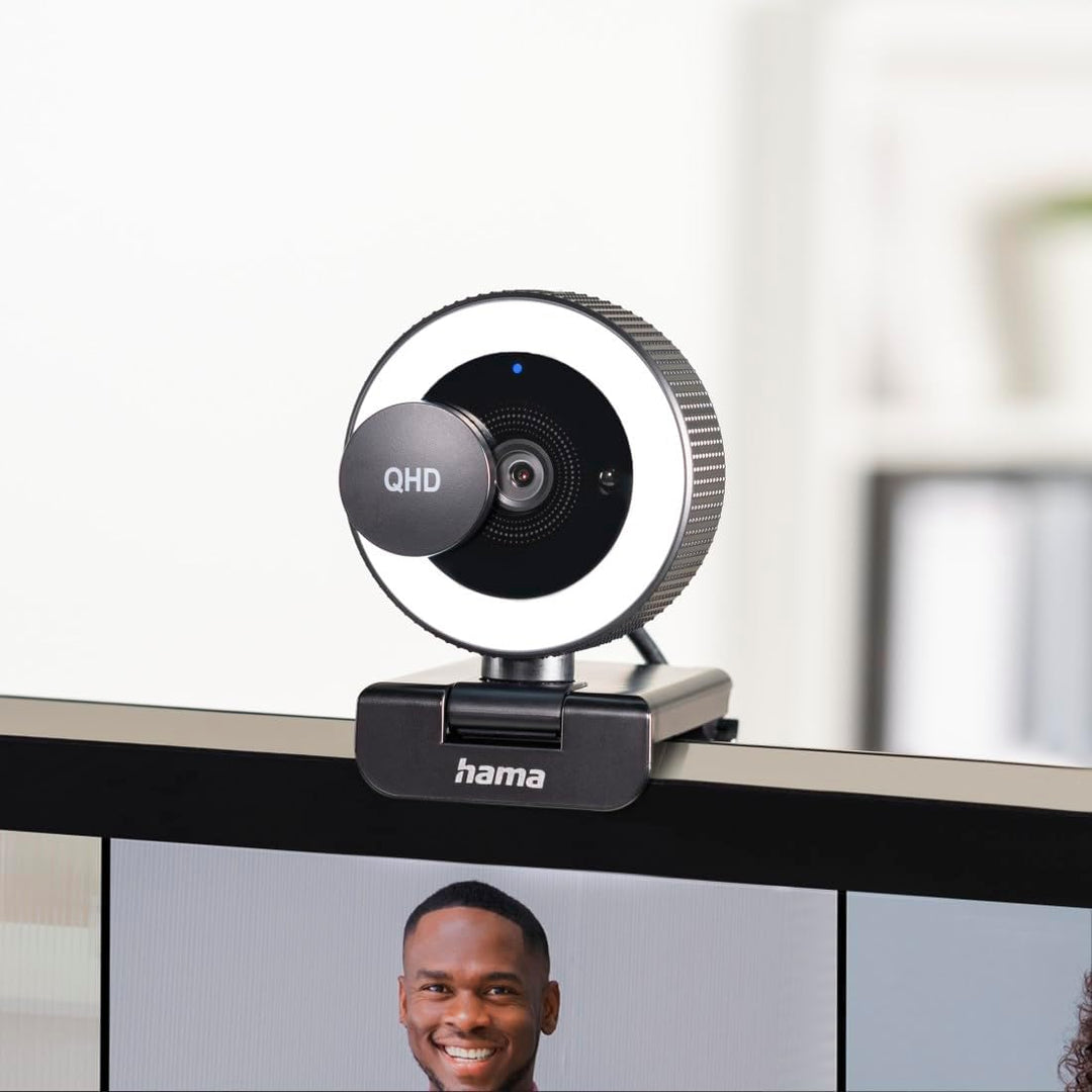 Hama Webcam mit Licht, Fernbedienung, Zoom, mobil (QHD 2K PC-Kamera mit Dual Mikrofon, Streaming-Cam