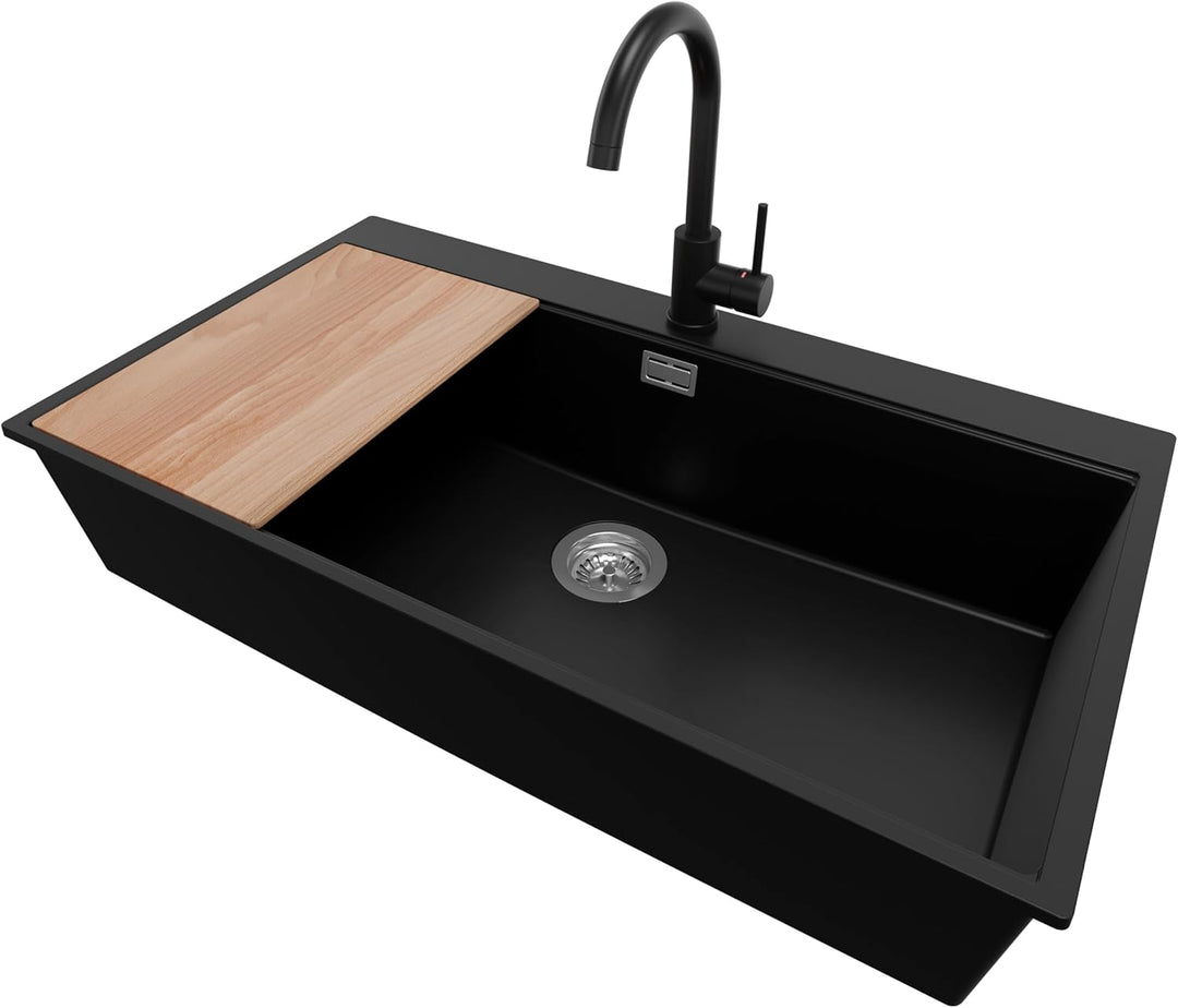 Spülbecken Schwarz 90x50 cm, Granitspüle + Ablauf-Set + Küchenarmatur 5000, Küchenspüle für 90er Unt