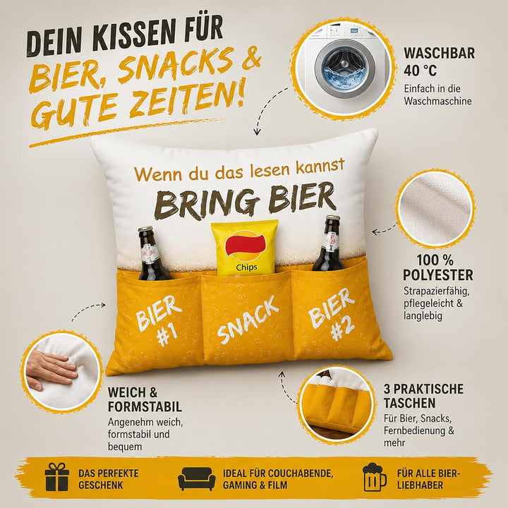 KAMACA Bierkissen mit 3 Taschen 43x43 cm – Flauschig gefülltes Kissen mit Spruch „Bring Bier“ – Lust