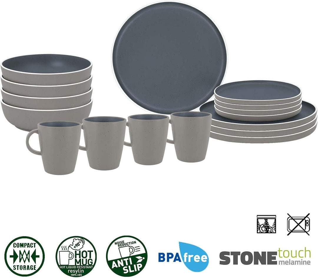 BRUNNER Camping-Geschirr-Set Melamin 2-4 Personen (12, 16 oder 36-teilig) Trilogy Dark - Stapelbar,
