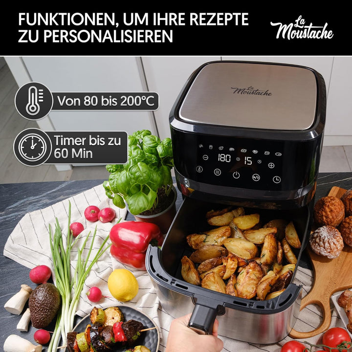 La Moustache - Heissluftfritteuse 6,5 L, Ölfreie Fritteuse 1700 W, 8 Programmen, Air Fryer Digitale