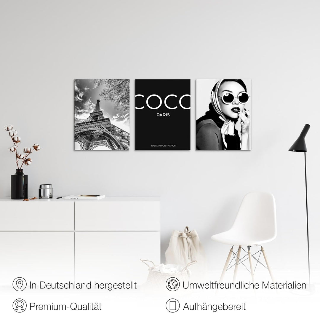 Novart Wandbilder Set Coco - KOMPLETT AUFHÄNGFERTIG - Wohnzimmer Mädchen Teenager Deko - 3 Moderne B