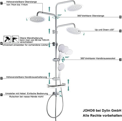 JOHO Edelstahl Regenduschset Duschsystem ohne Armatur, Duschset Duschstange mit Ablage Chrom(Kopfbra