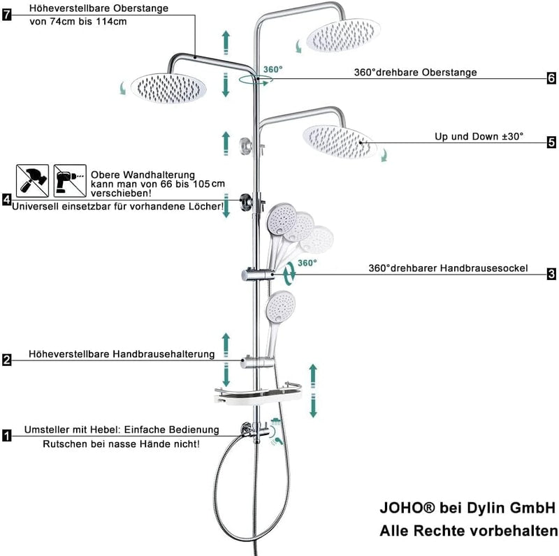 JOHO Edelstahl Regenduschset Duschsystem ohne Armatur, Duschset Duschstange mit Ablage Chrom(Kopfbra
