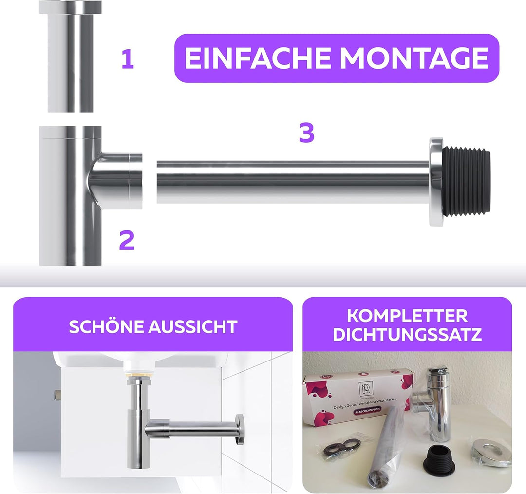 Siphon Röhrensiphon/Sifon Badezimmer/Bad/Geruchsverschluss (Chrom Design 2er-Set), Chrom Design 2er-