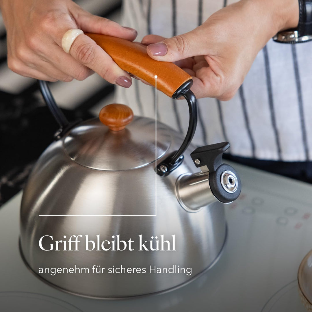 Florina Wooden Wasserkessel Induktion, Flötenkessel, Alle Herdarten, 2,3 L, Edelstahl Teekessel, Hol