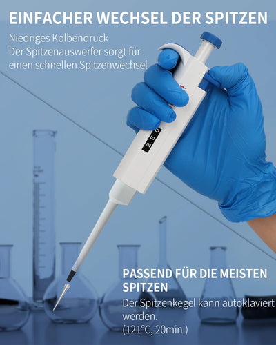 0,1-2,5μL Pipetten Pipettor Mikropipette Labor Einkanal Pipettierer Mikroliterpipetten Autoklavierba