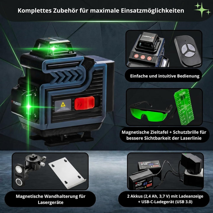 Kreuzlinienlaser 4D 360° 16 Linien Grün Selbstnivellierend | Fugert Kreuzlinienlaser Mit Stativ | 60
