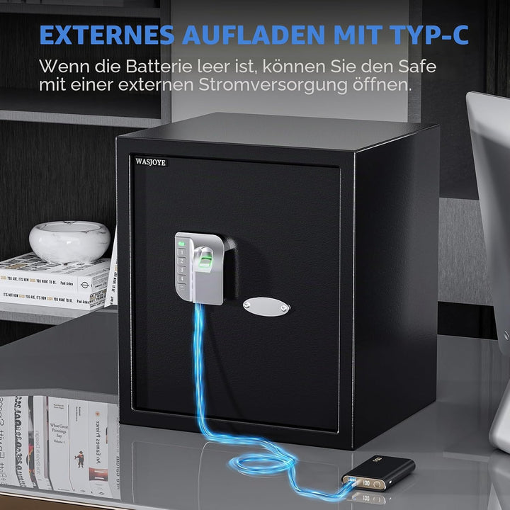 WASJOYE 38.08L Fingerabdruck Tresor Safe, Gross Tresor mit Zahlenschloss, Biometrischer Möbeltresore