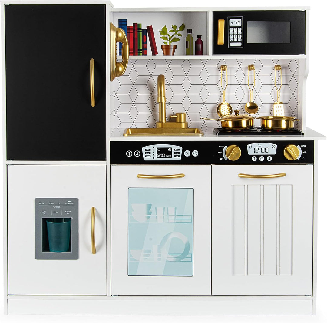 Leomark Kinderküche aus Holz MEMO White Spielküche mit goldenen Accessoires Holzküche für Kinder Spi