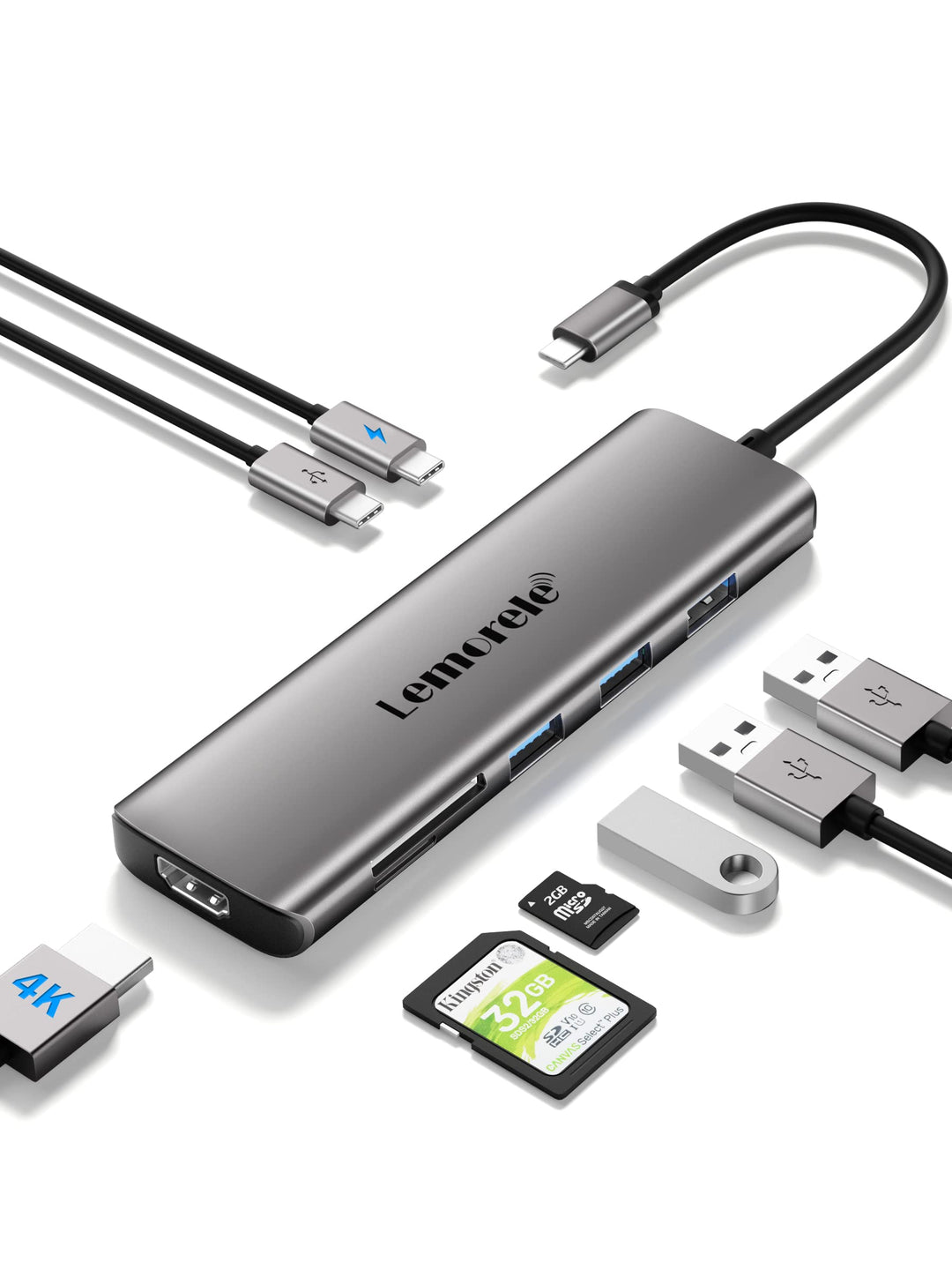 Lemorele USB C Hub – Docking Station 9 in 1 Aluminiumschale mit 4K HDMI, 3 USB 3.0, PD 100W, SD/TF,