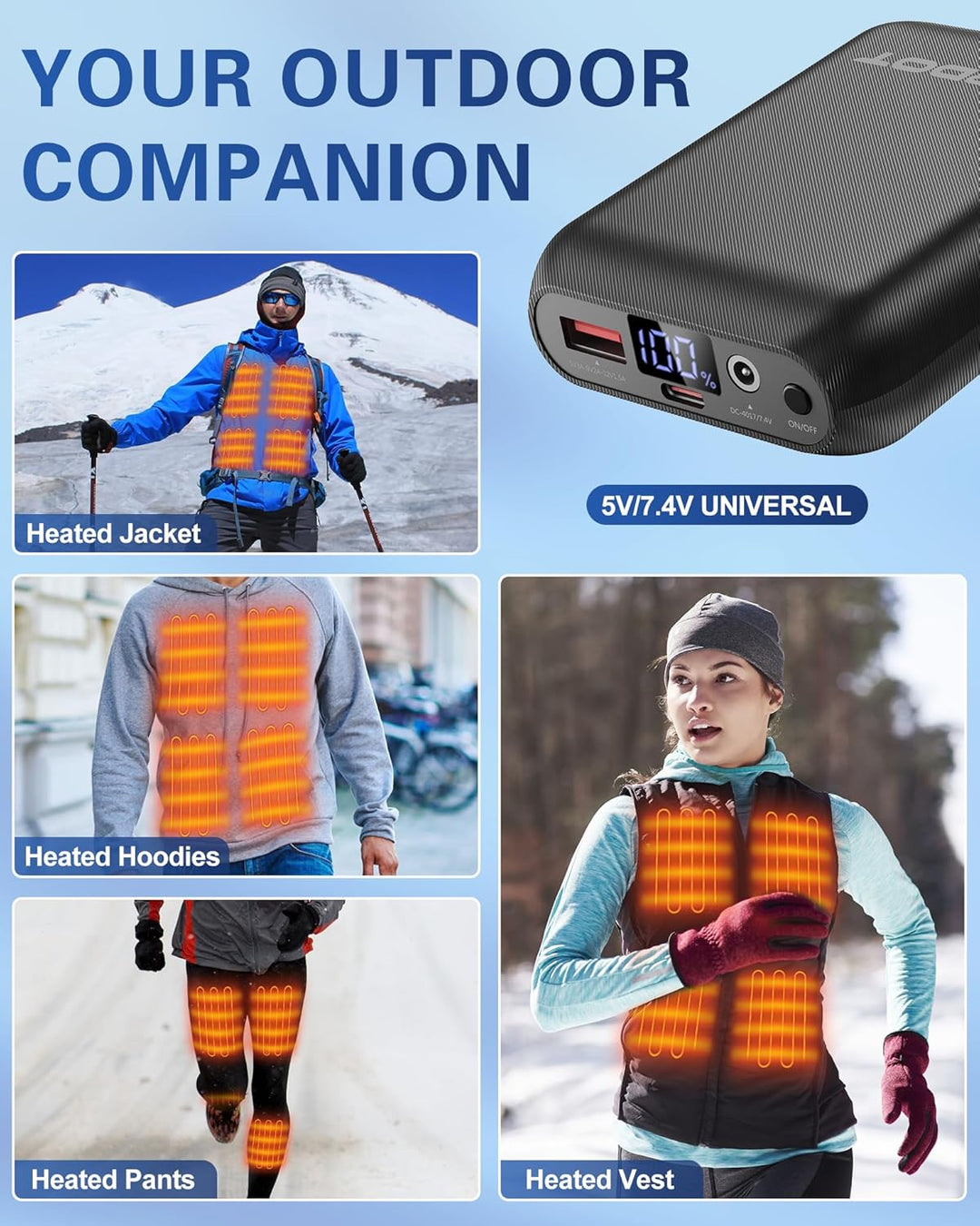 Topdot 16000mAh Powerbank für Heizweste, Beheizbarer Westen-Akkupack, DC- und USB-Ausgangsanschlüsse
