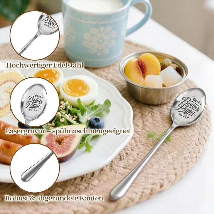 PAPA Geschenk – Holz-Servierbrett, Untersetzer, Edelstahl-Löffel, Schlüsselanhänger &amp; Grusskarte | L