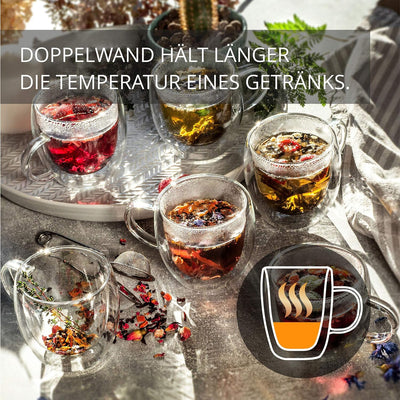 KADAX doppelwandige Glas Tasse, 250 ml, Glas mit breitem Griff, Trinkglas für Saft, Tee, Kaffee, Cap