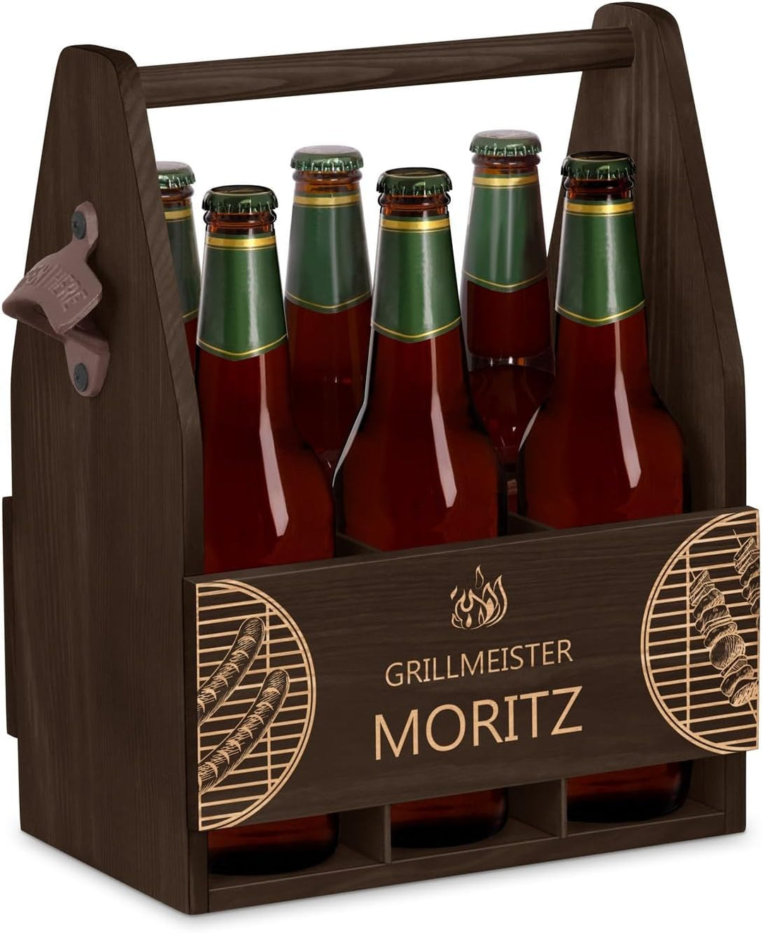 Maverton Bierträger für 6 Flaschen 0,5L + Gravur - Männerhandtasche mit Flaschenöffner - Grösse: 25x