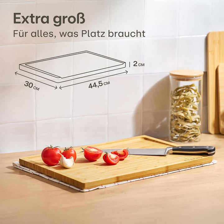 Schneidebrett aus Holz Gross XXL - Mit Saftrille - Beidseitig benutzbar - Holzbrett aus Bambus - Mas