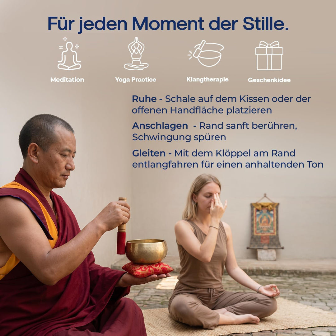 Tibetische Klangschale 13 cm | Meditations- & Yoga-Set mit Klöppel, Kissen & Geschenkbox | Entspanne