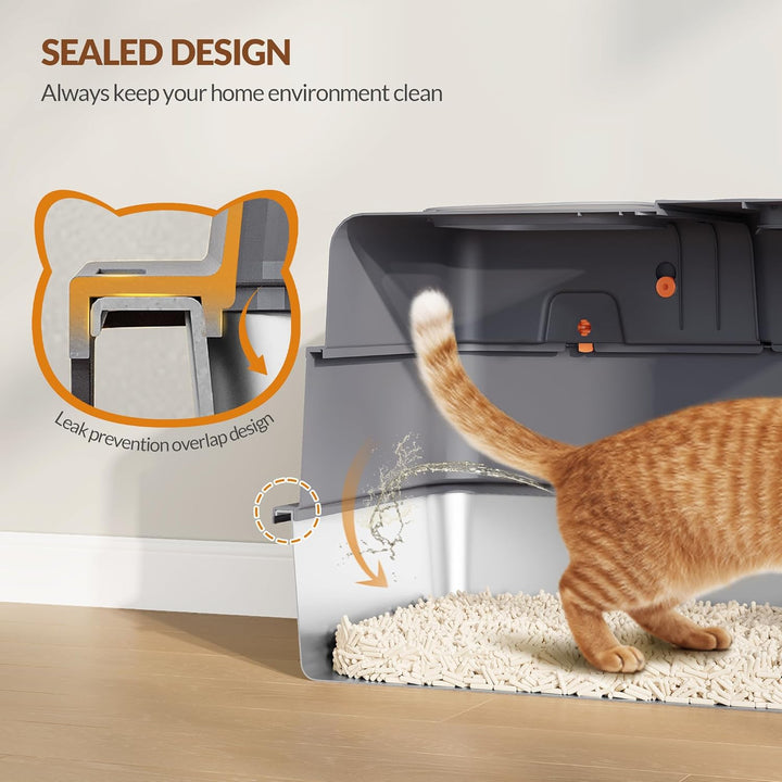 Edelstahl Katzenklo mit Deckel, XXXL Geschlossene Metall Katzentoilette, 70 x 50 x 42 cm, 105° Klapp