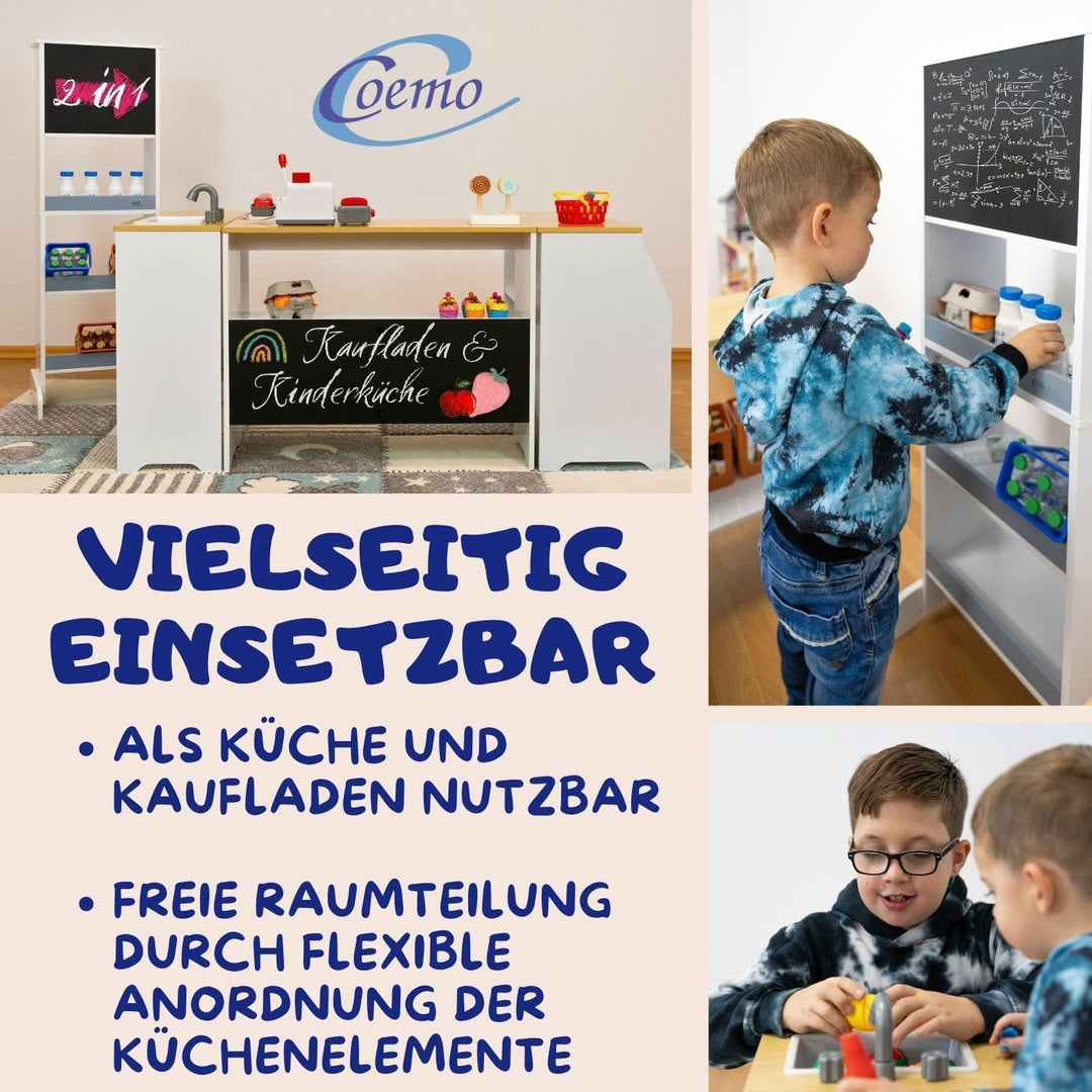 Coemo Spielküche Kaufladen Ida, grau, 4er Set mit Spülbecken, grosse Kinderküche, Kaufmannsladen für