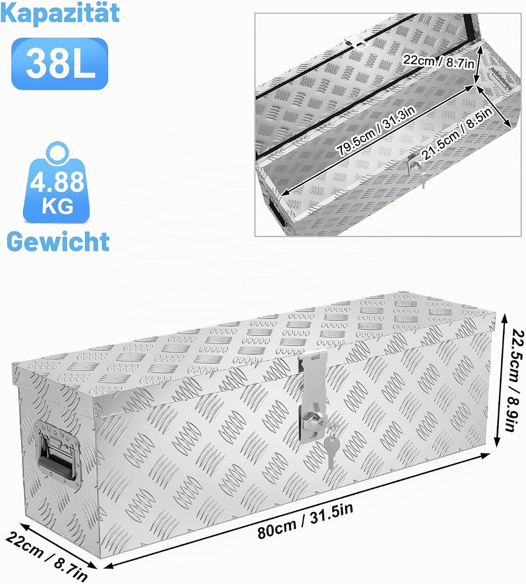 UISEBRT Alubox Transportbox 800x220x225 mm, robuste Werkzeugkiste, wasserdicht, 2 Schlüssel (Silber)