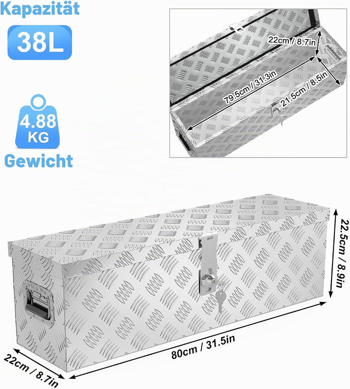 UISEBRT Alubox Transportbox 800x220x225 mm, robuste Werkzeugkiste, wasserdicht, 2 Schlüssel (Silber)