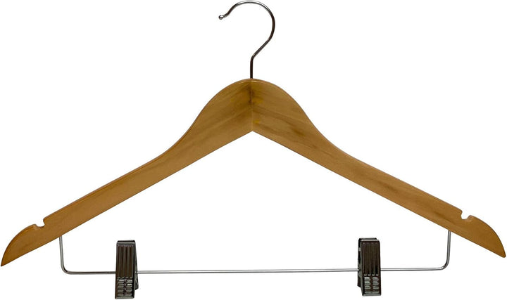 Kleiderbügel 10 Stück Natur Holz mit Klammer Holzkleiderbügel 44,5 cm | Rockbügel | Hosenbügel | Kla