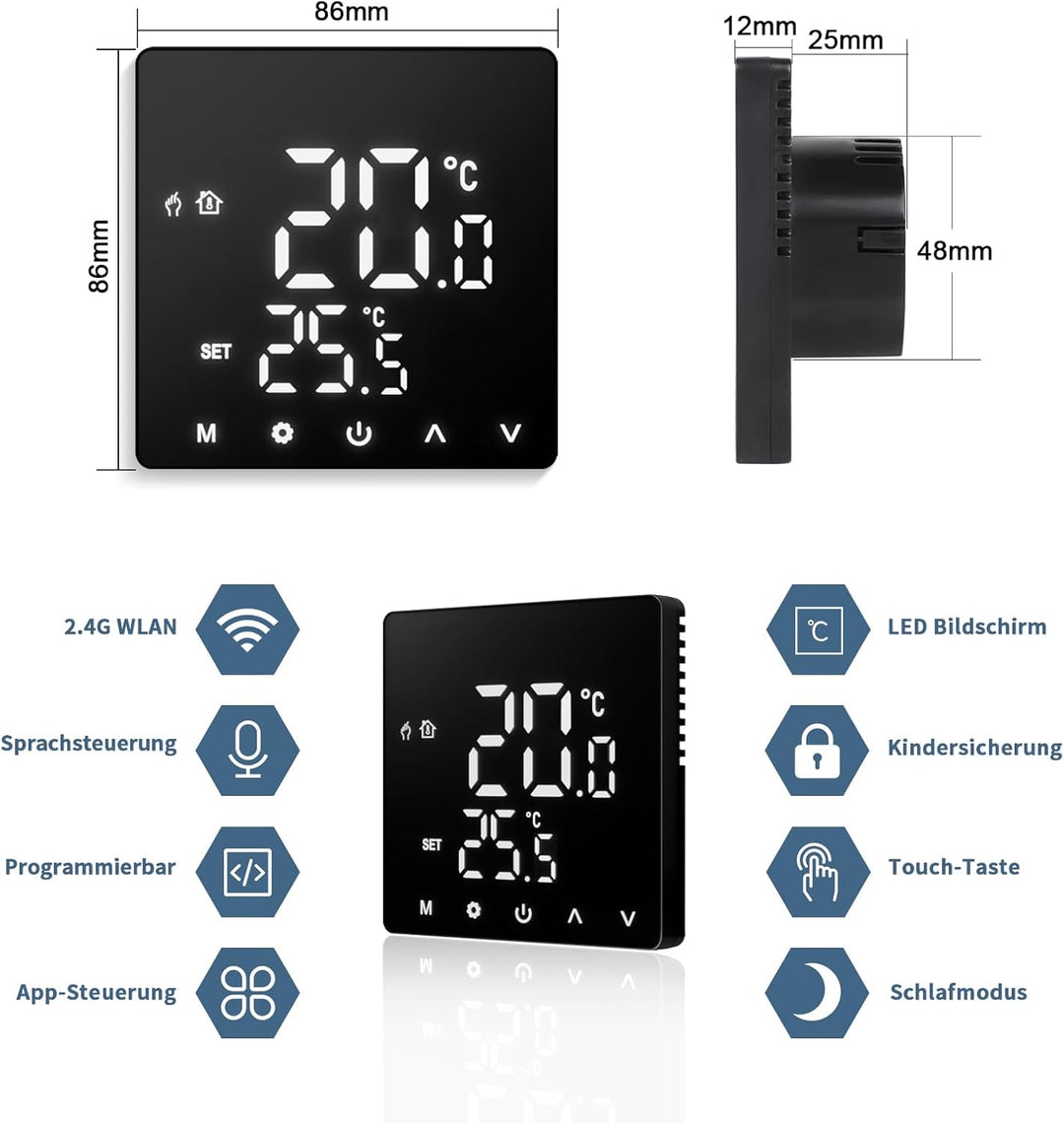 CNBINGO Smart Thermostat Unterputz mit Fühler, Digitaler Raumthermostat für Elektrische Heizung, kom