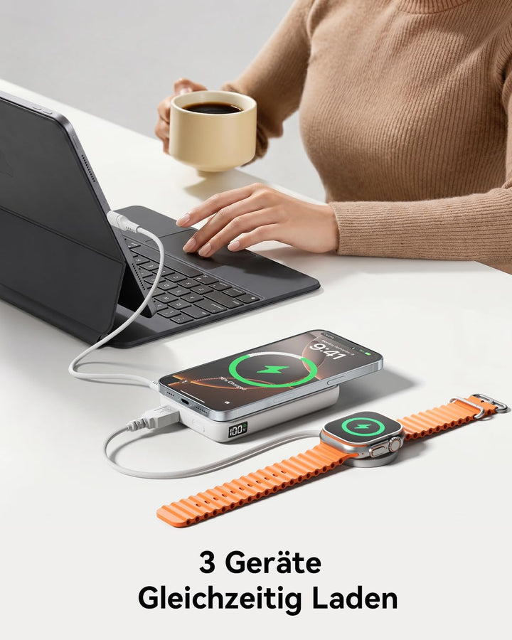 Powerbank für Magsafe, 12000mAh Kabelloses Power Bank mit 22.5W PD USB-A Ausgabe, Magnetische Extern