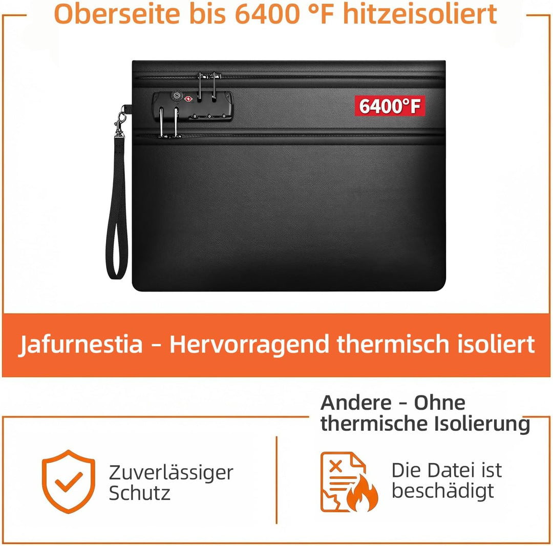 Feuerfeste Dokumententasche Schwarz – 36 × 26 cm, Dokumentenmappe für wichtige Unterlagen, Aufbewahr
