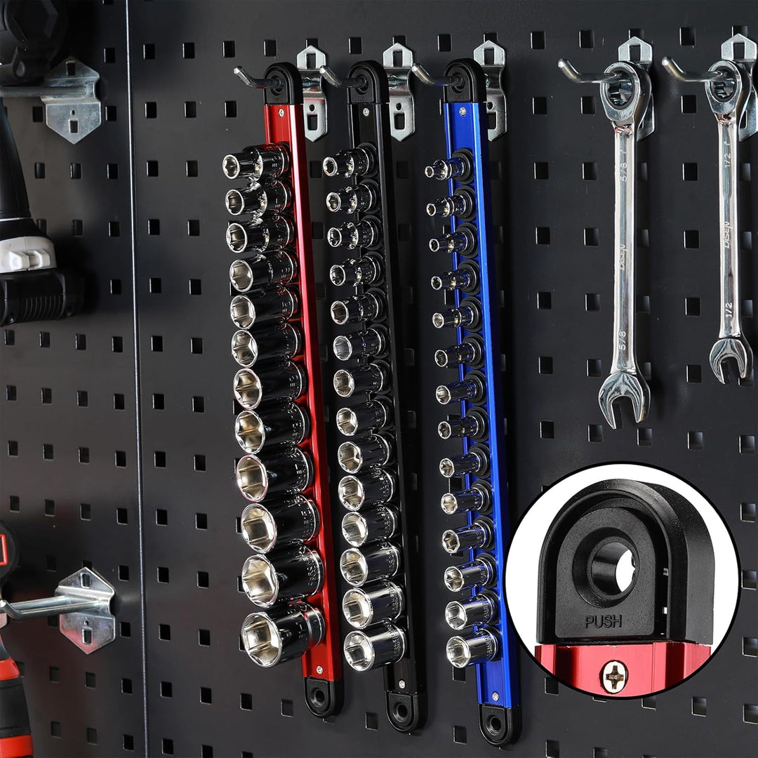 Mayouko Aluminum Magnetic Socket Organizer, 3-Piece Socket Rail Holder, 1/4-Inch x 14 Clips, 3/8-Inc