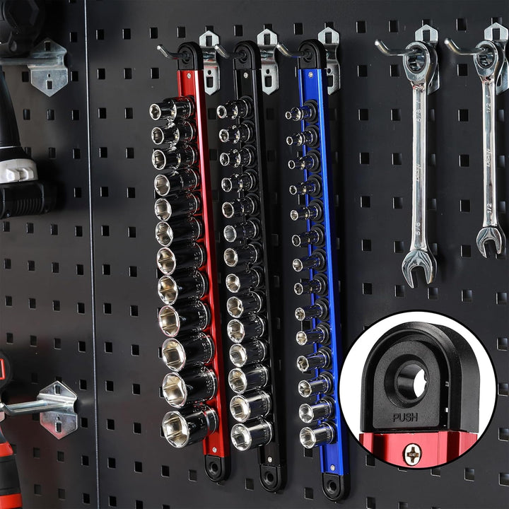 Mayouko Aluminum Magnetic Socket Organizer, 3-Piece Socket Rail Holder, 1/4-Inch x 14 Clips, 3/8-Inc