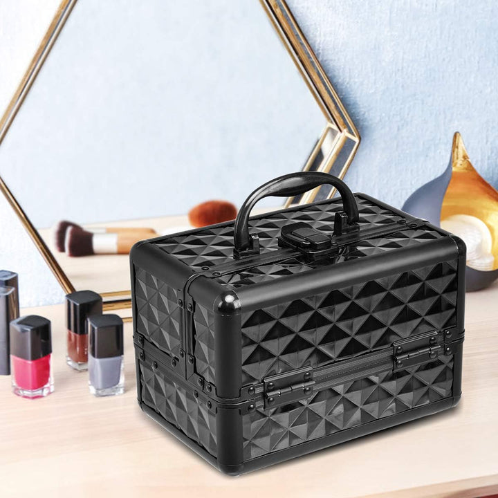 HOMASIS Kosmetikkoffer mit Spiegel, Mini Schminkkoffer mit 3 Ebenen, tragbarer Beauty Case mit Griff