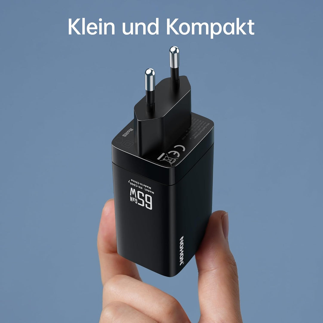 NOHON USB-C Ladegerät Fast Charger: 65W GaN Handy 3-Port Schnellladegerät PD3.0 mit 140W Typ-C 1.2M