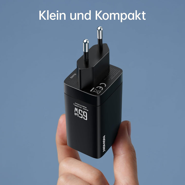 NOHON USB-C Ladegerät Fast Charger: 65W GaN Handy 3-Port Schnellladegerät PD3.0 mit 140W Typ-C 1.2M