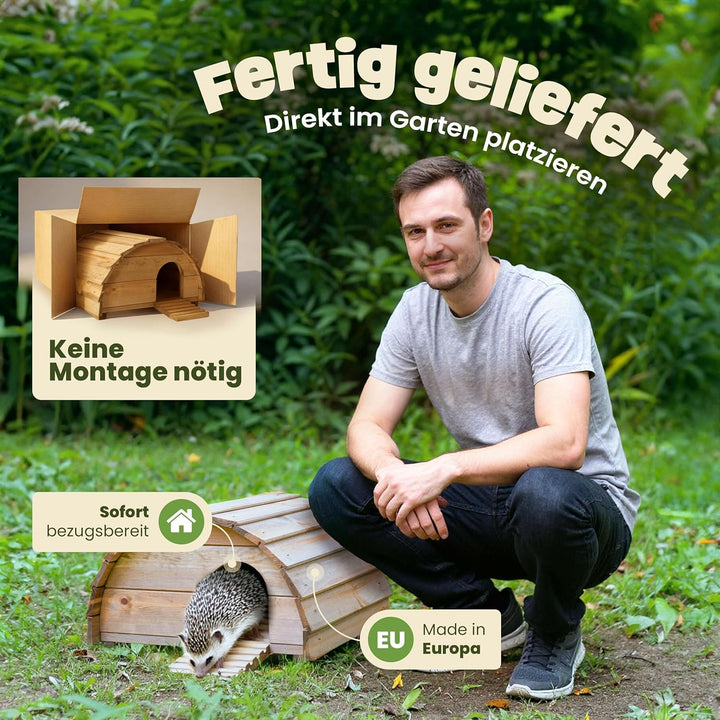 zooprinz Igelhaus aus Vollholz – Winterfest & wetterfest, mit Bodenplatte – Labyrinth-Eingang gegen