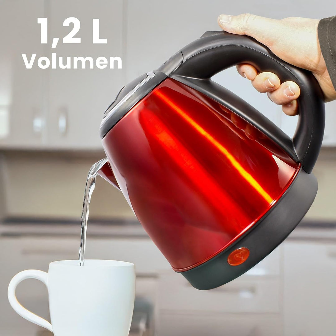Edelstahl-Wasserkocher XD14 elektrisch – 1,2 Liter, 1.500 W – mit Abschaltautomatik (Rot), Rot