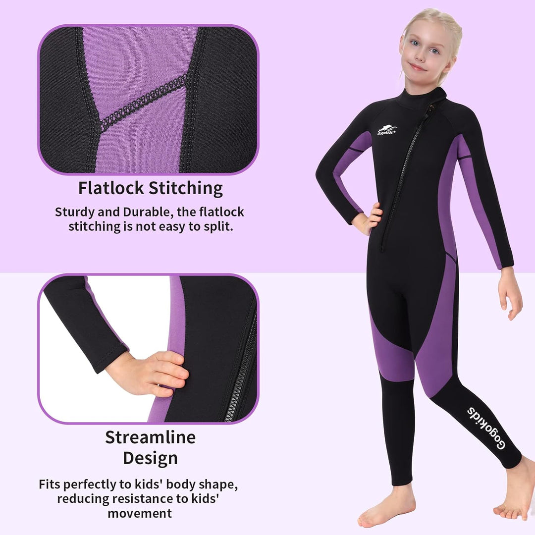 Gogokids Neoprenanzug Kinder, 8-16 Jahre Neopren Thermal Badeanzug, Front Zipper Lang Taucheranzug,