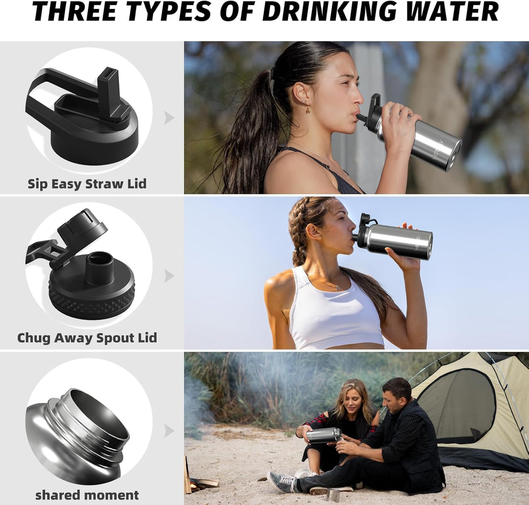 WATERSY Isolierte Edelstahl Trinkflasche 32oz Vakuumisolierte Thermosflasche mit 2 Deckel Auslaufsic