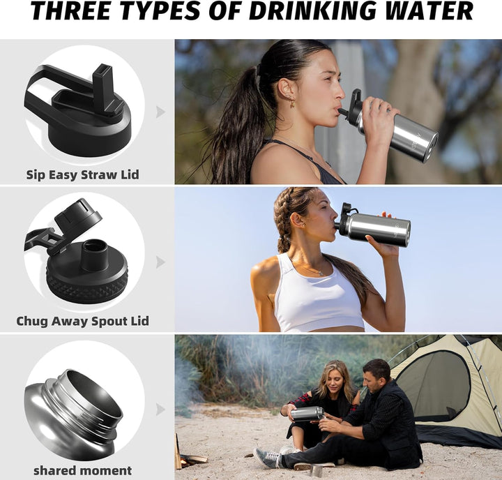 WATERSY Isolierte Edelstahl Trinkflasche 32oz Vakuumisolierte Thermosflasche mit 2 Deckel Auslaufsic