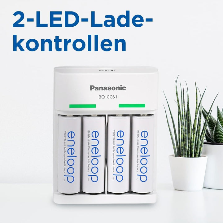 Panasonic eneloop Basic USB Ladegerät für 2oder4 AA/AAA NI-MH-Akkus, 6 Sicherheitsfunktionen, MicroU