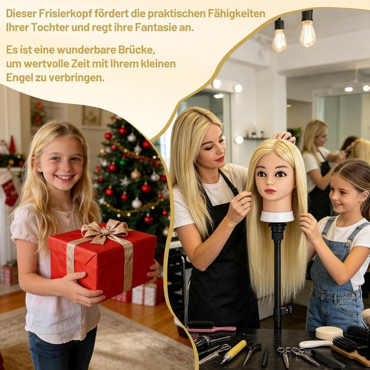 TwoWin Friseurkopf mit Haaren, 26 Zoll (66 cm) 80% Echthaar Mannequin Kopf, Trainingskopf für Stylin